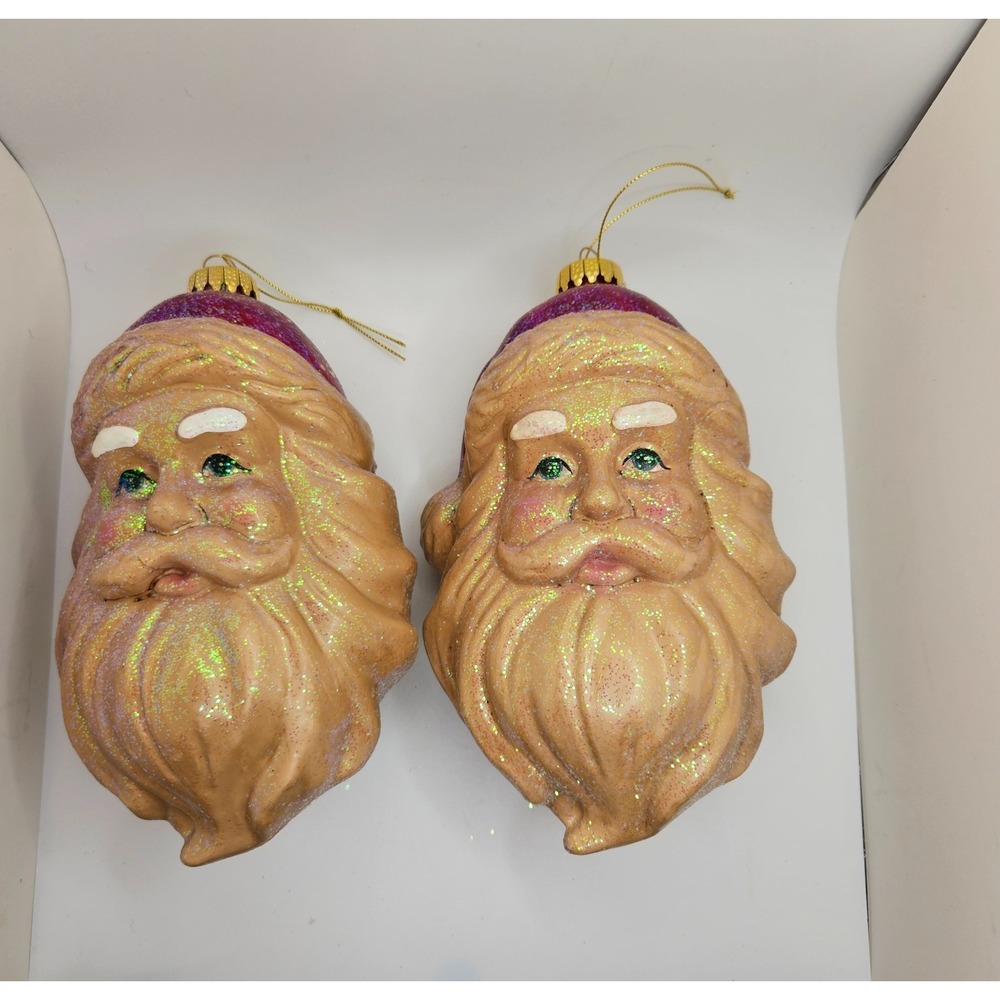 Vintage Santa Head Christmas Ornaments‎ Pair Glittered Mid Century Holiday Decor